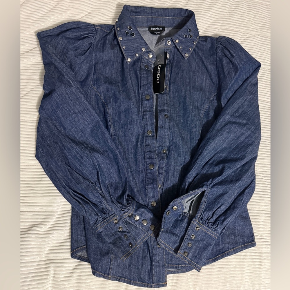 Bebe Blue Denim Studded Blouse